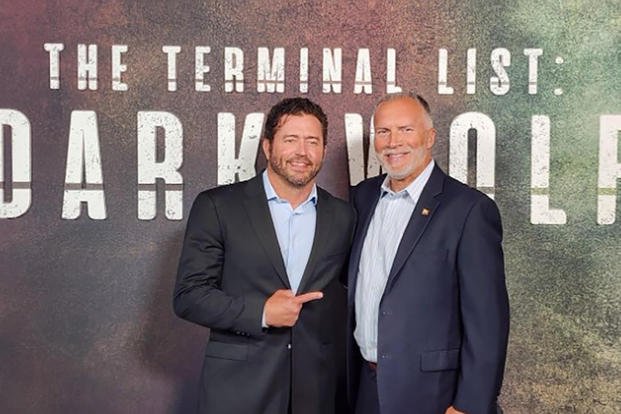 Actor Jared Shaw takes his Navy master chief, Harold Underdown, to the premiere of 'The Terminal List: Dark Wolf.' (Photo courtesy of Jared Shaw) Actor Jared Shaw takes his Navy master chief, Harold Underdown, to the premiere of 'The Terminal List: Dark Wolf.' (Photo courtesy of Jared Shaw)